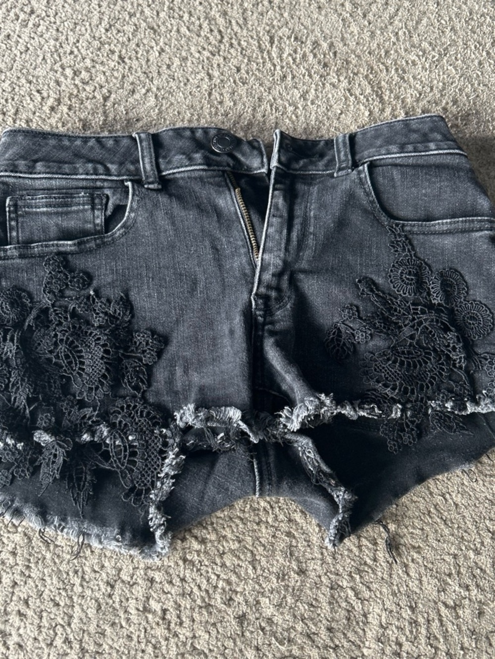 American Eagle Outfitters Black Denim Shorts with Lace Appliqué